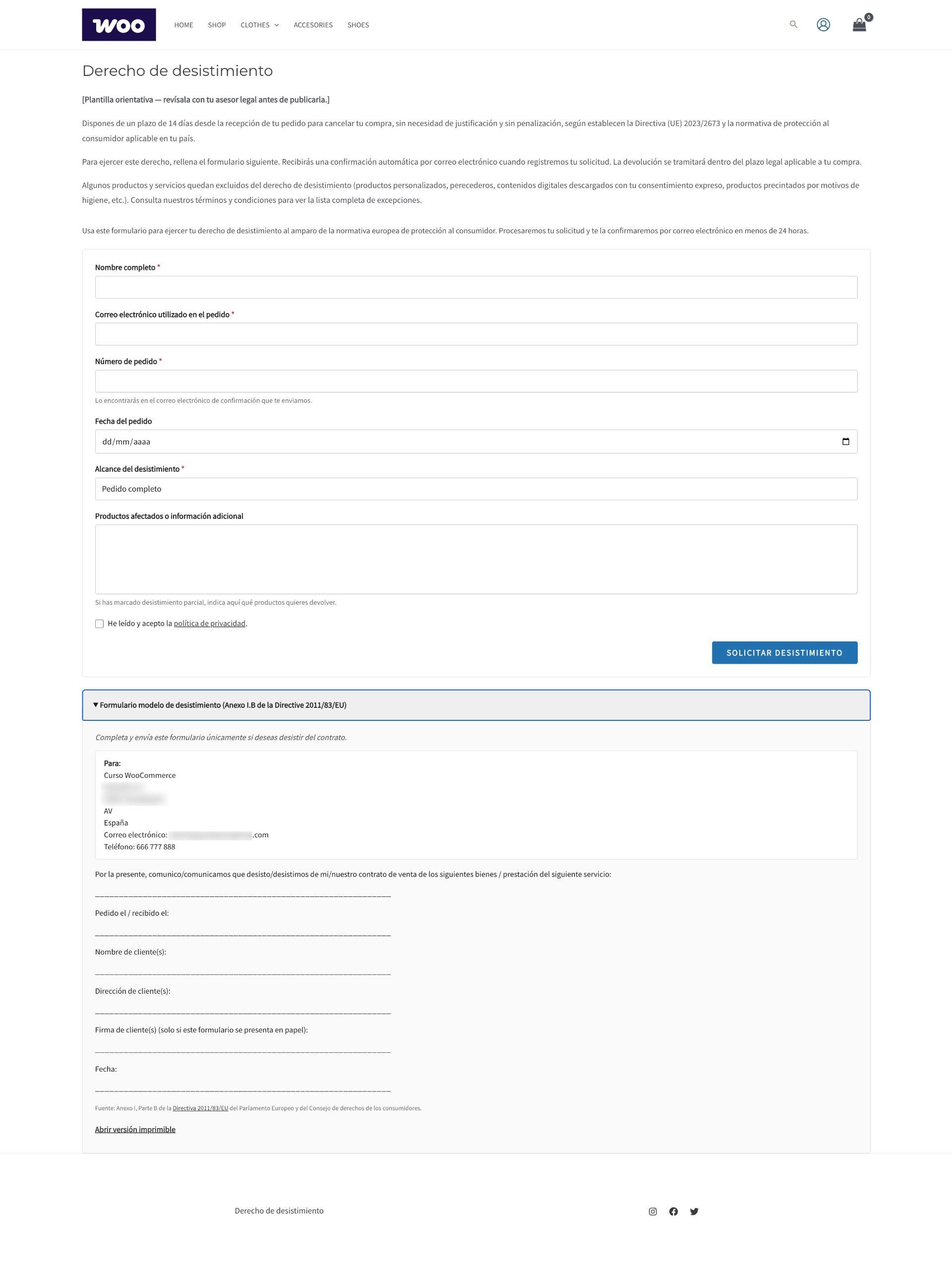 Annex I.B model withdrawal form rendered as a collapsible block below the public withdrawal form, with a printable view link.