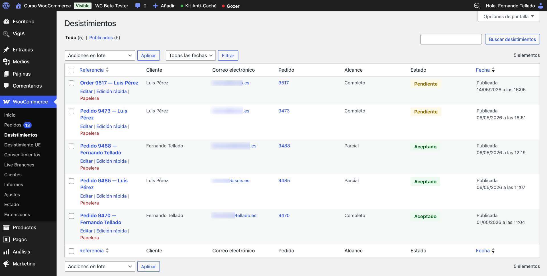 Withdrawal log inside the WordPress admin.