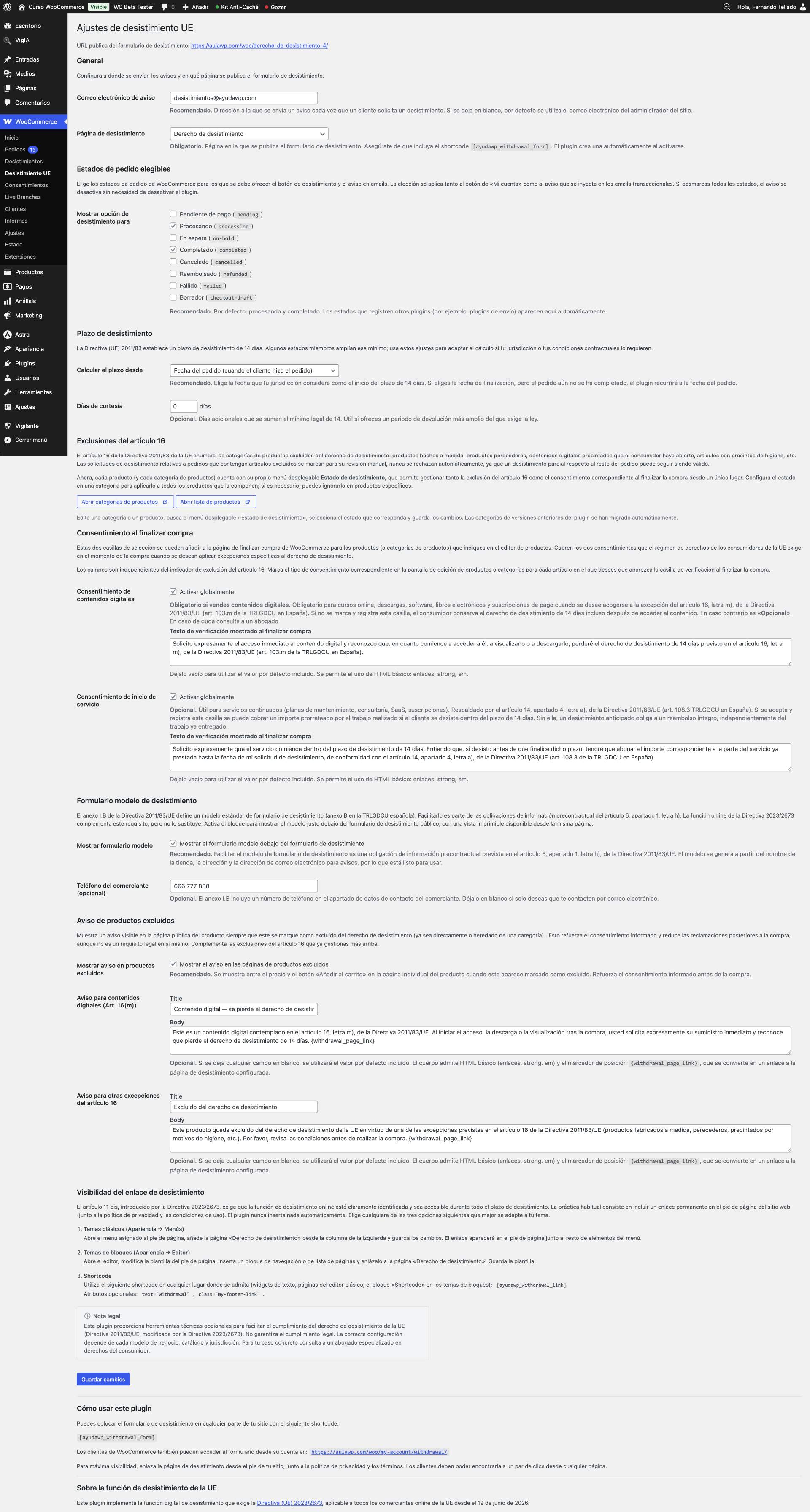 EU Withdrawal Settings Page (WooCommerce active), with the Checkout consent, Annex I.B model and Excluded products notice sections.