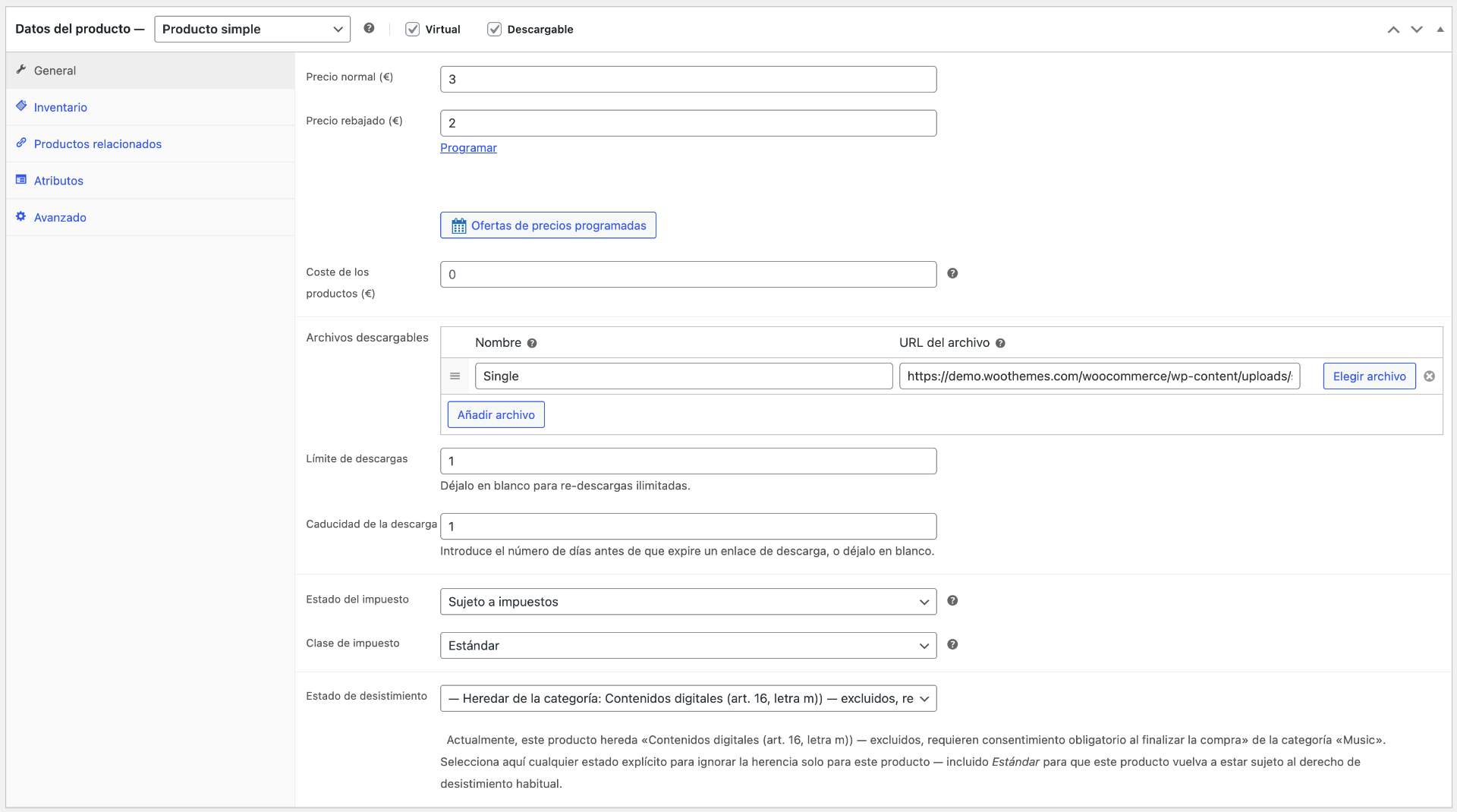 Per-product "Withdrawal status" dropdown in the WooCommerce product editor (General tab), with the inheritance notice when the value is pulled from the product's category.