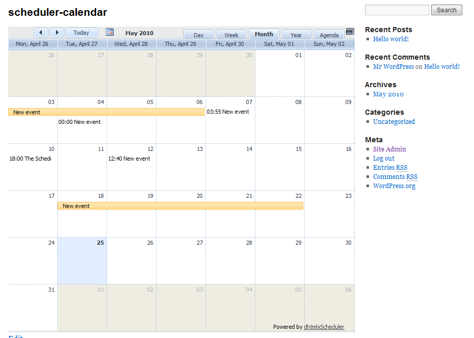 Events calendar within a blog page