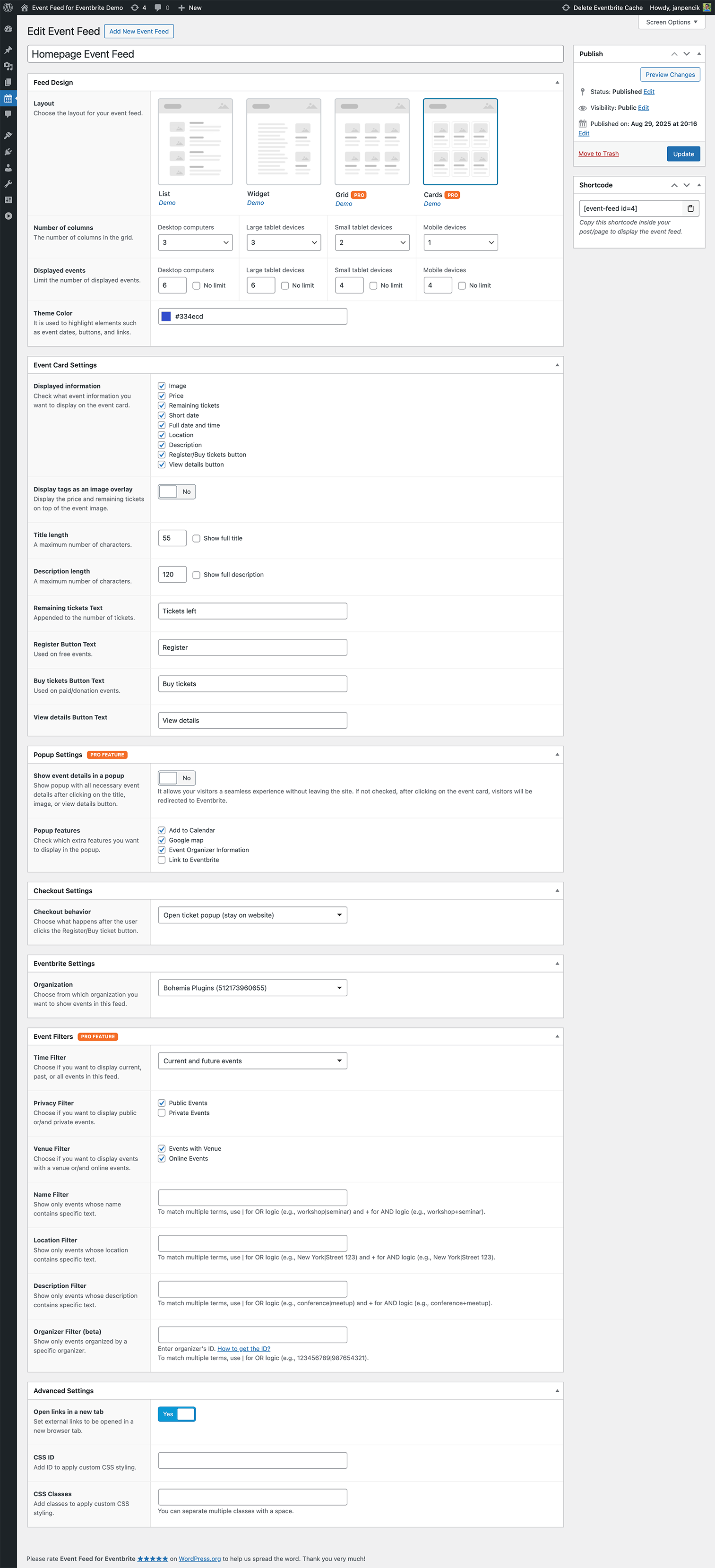 Event Feed Settings.