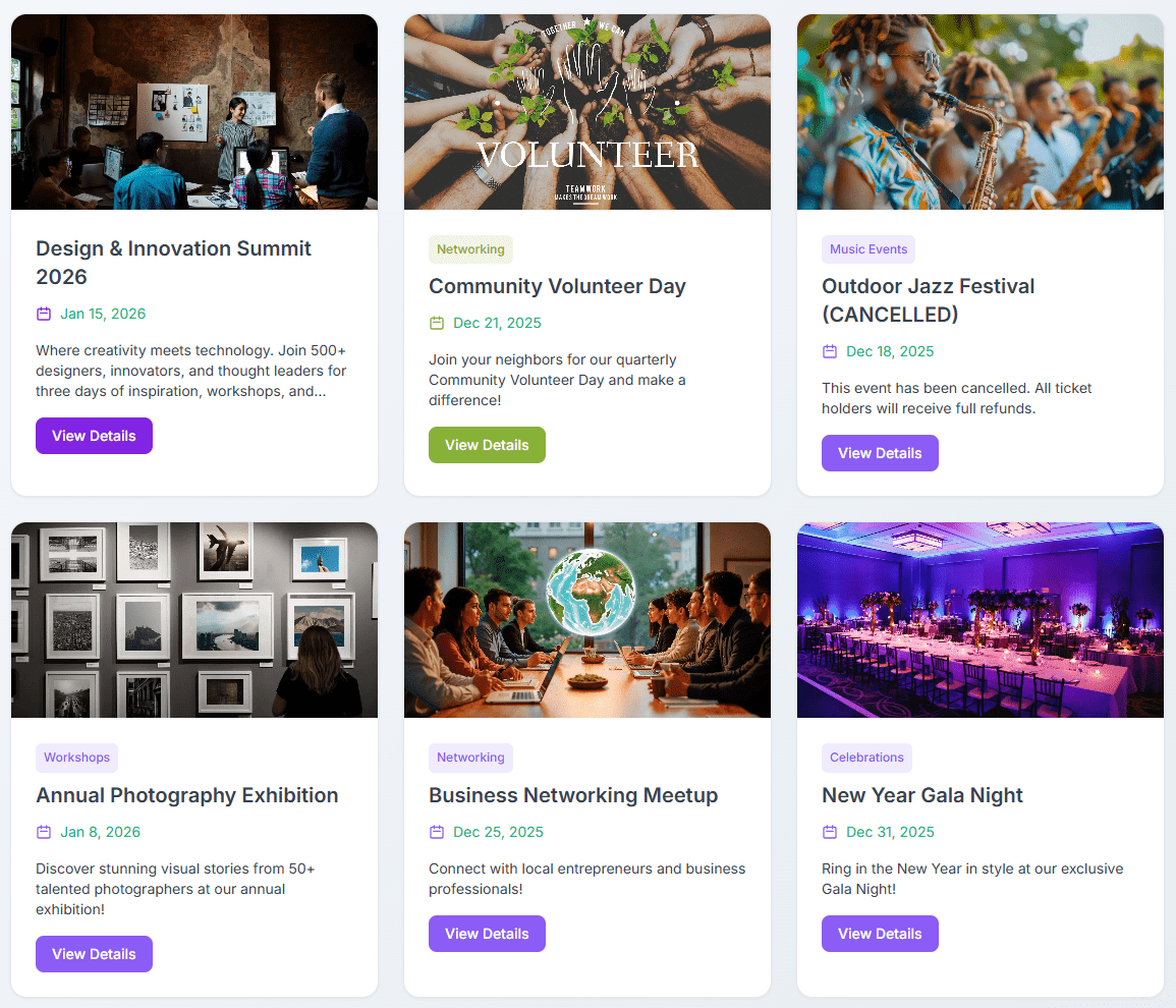 Interactive Event Calendar - Browse events in month, week, and day views