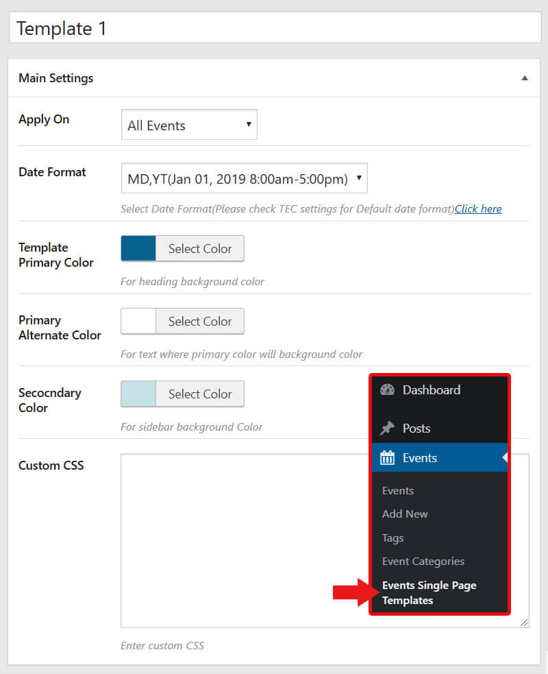 Event Page Template Settings