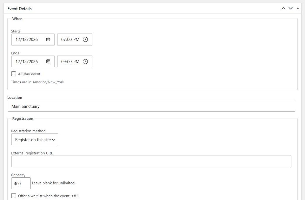 Creating an event: dates, location, capacity, waitlist, and registration settings.