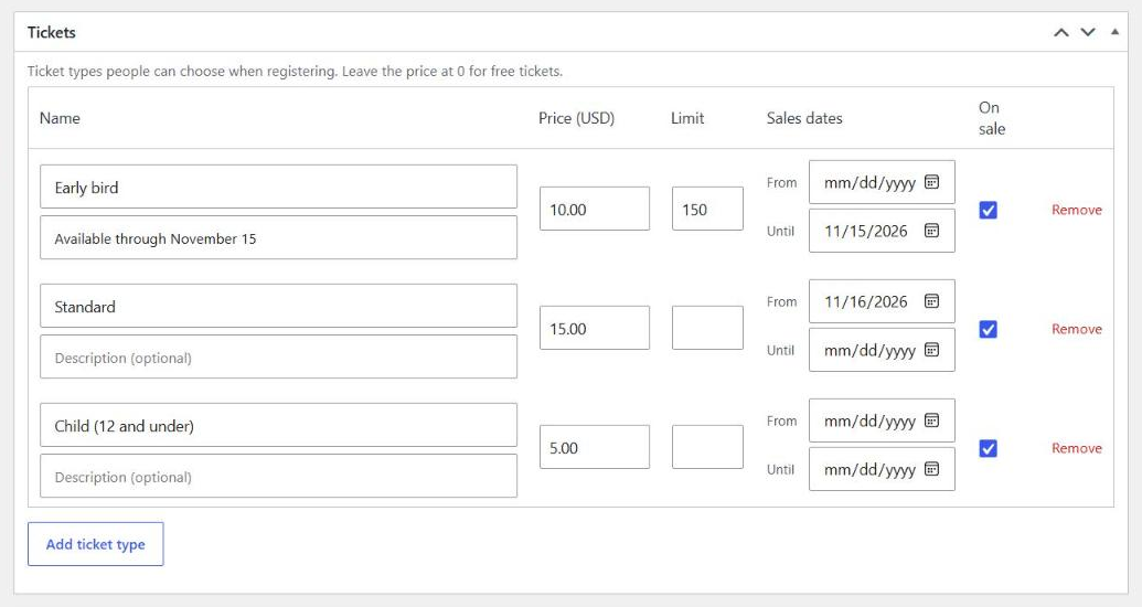 Ticket types with prices, limits, and sales dates.