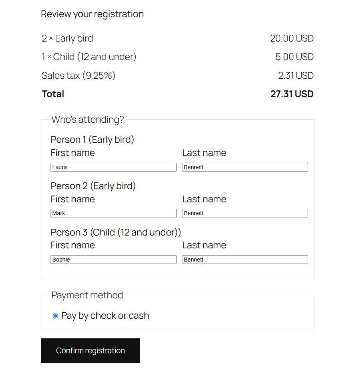 Registering: a total with sales tax, a name for each person, and how to pay.