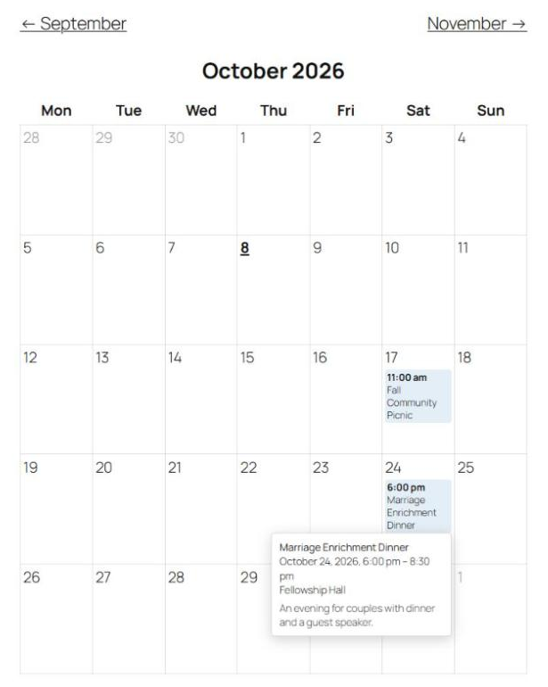 The events calendar, with details on hover.