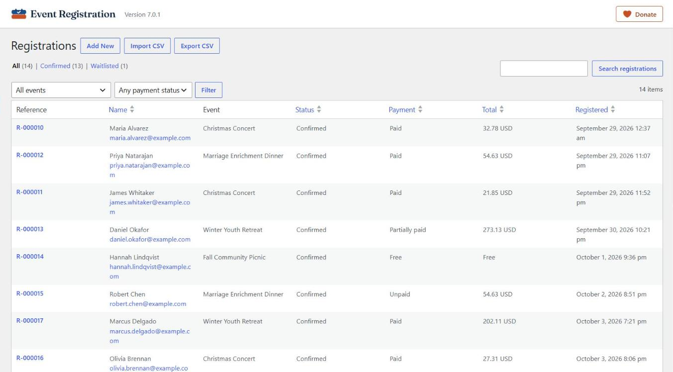 The Registrations screen, with search and filters.