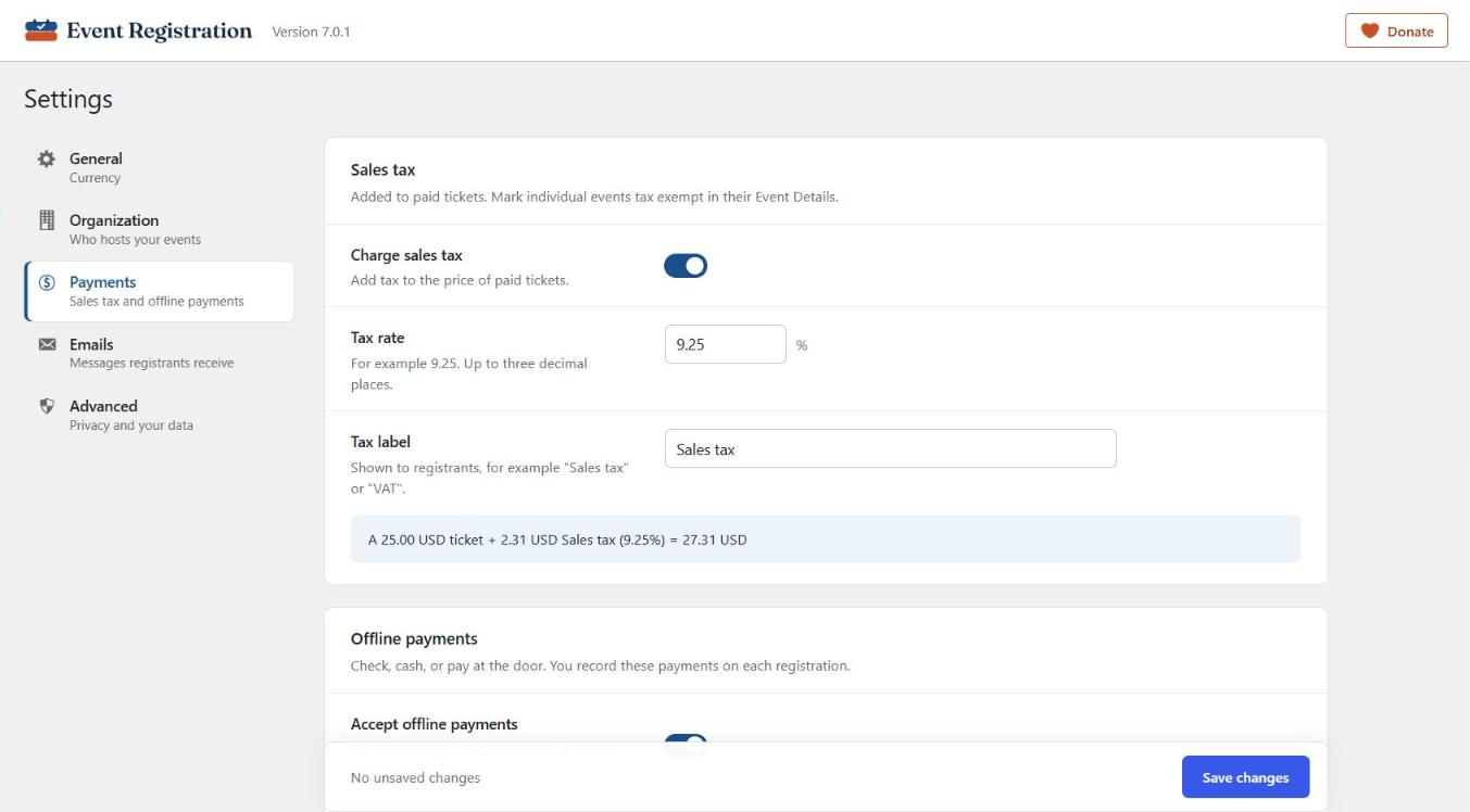 Sales tax settings, with a live example.
