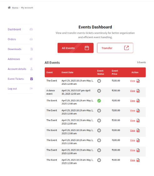 My Event Tickets Tab Dashboard