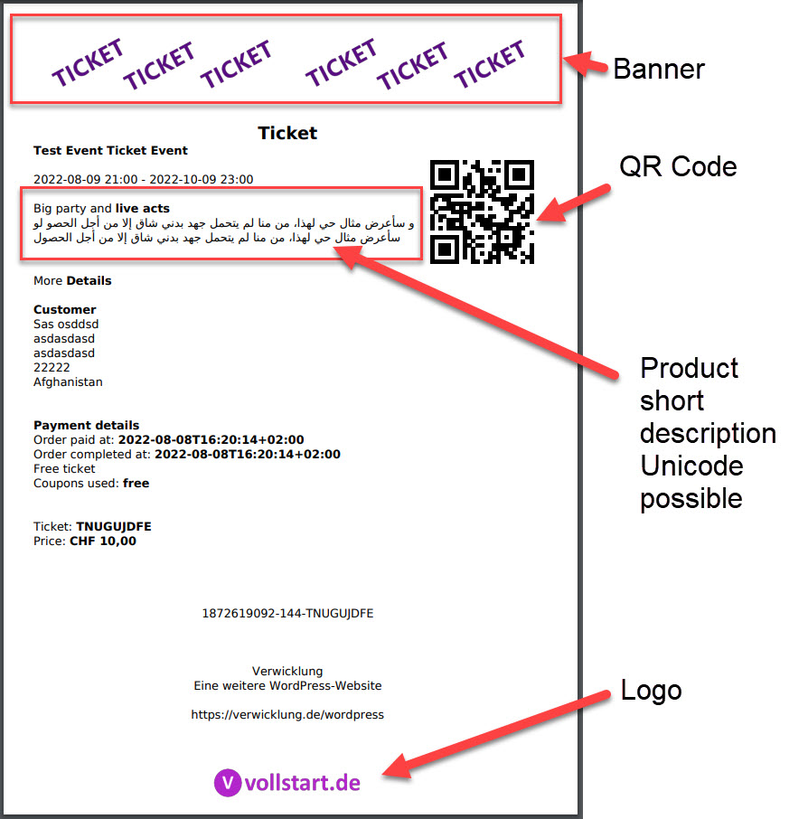 <strong>Ticket example</strong> You can adjust different areas of the PDF ticket.