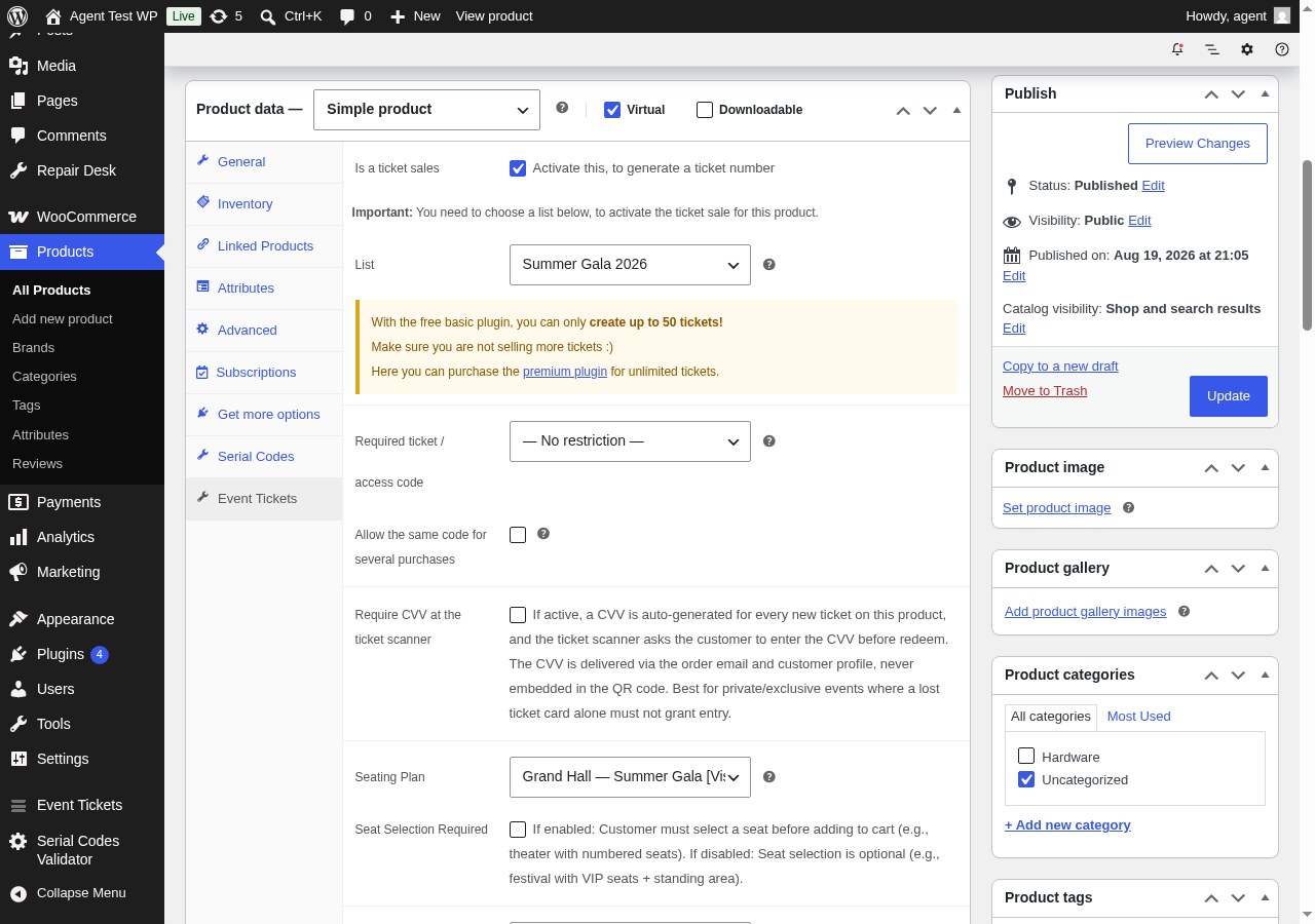 Product Settings — Enable ticket sales, assign a ticket list and a seating plan on the product's Event Tickets tab.