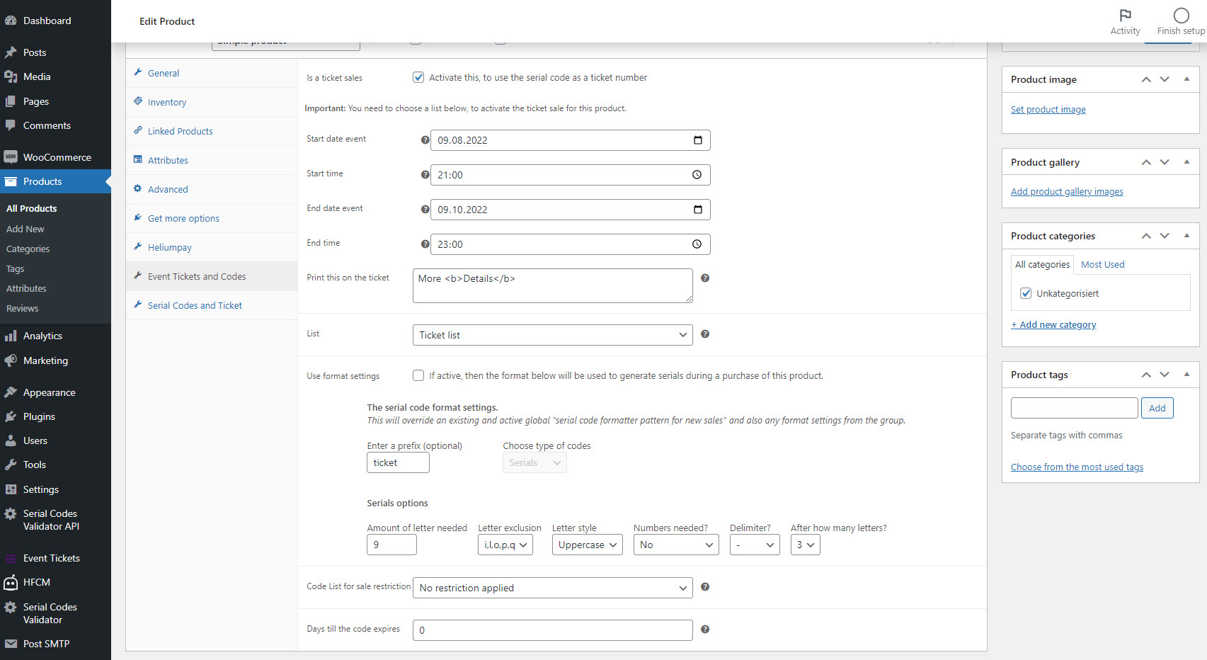 <strong>Product settings</strong> You overwrite the format of the ticket number and activate the ticket sale.