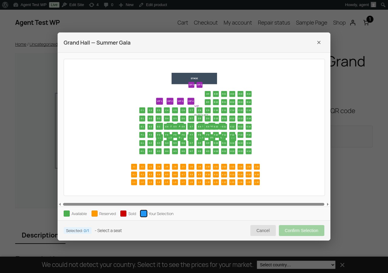 Interactive Seat Map at Checkout — Customers pick their own seat on a live seat map. Taken seats are blocked automatically.