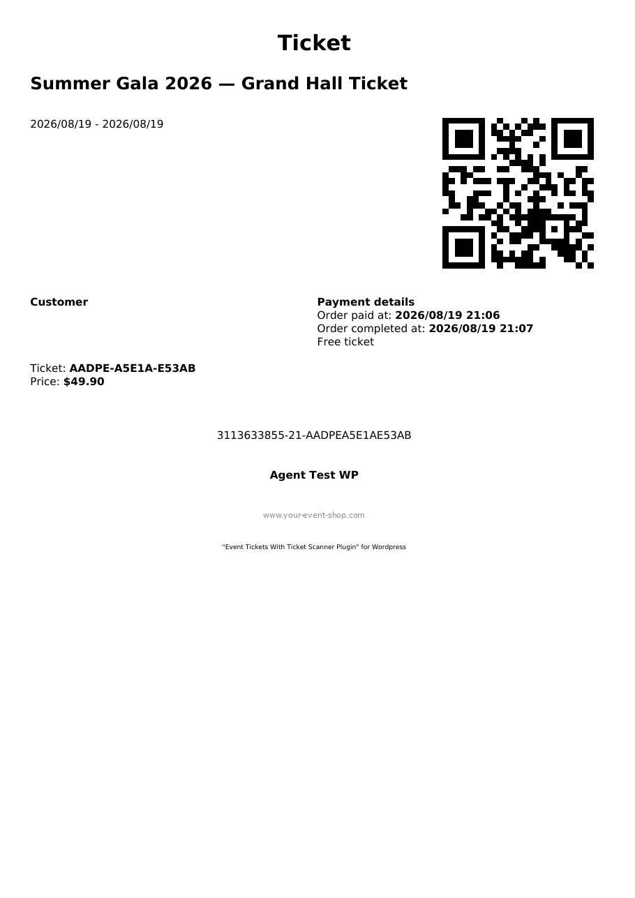 PDF Ticket — Branded PDF ticket with QR code, ready for print or mobile display.