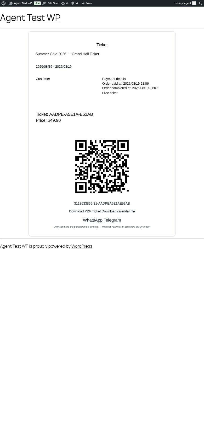 Ticket on Mobile — Customers see their ticket with QR code, PDF download and calendar file on any device.