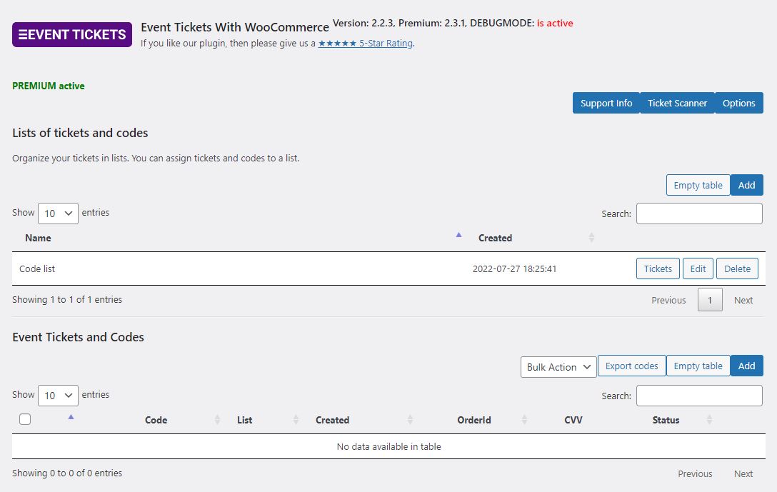 <strong>Options 3</strong> Created tickets backend admin area.