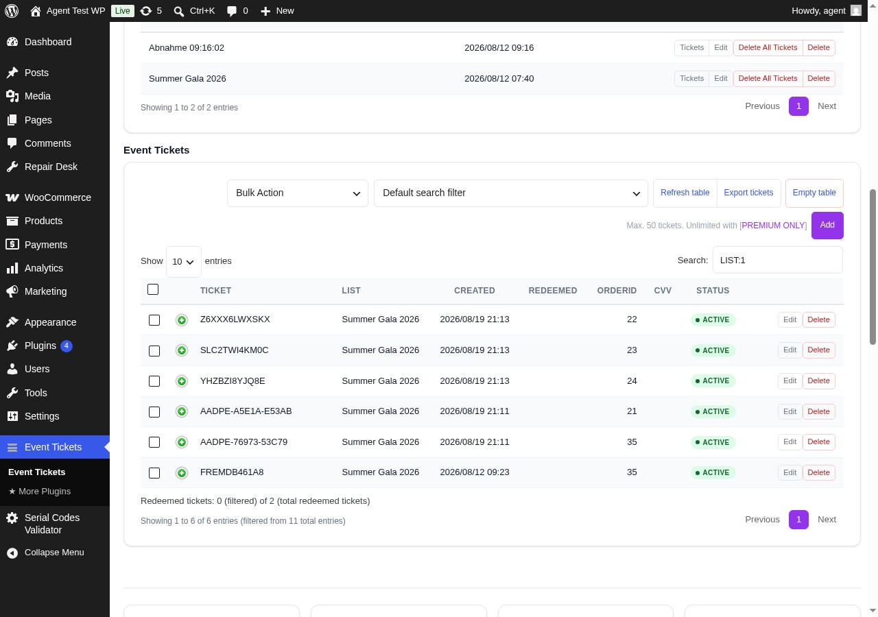 Ticket Management — All generated tickets with status, redemption info, filters and CSV export.