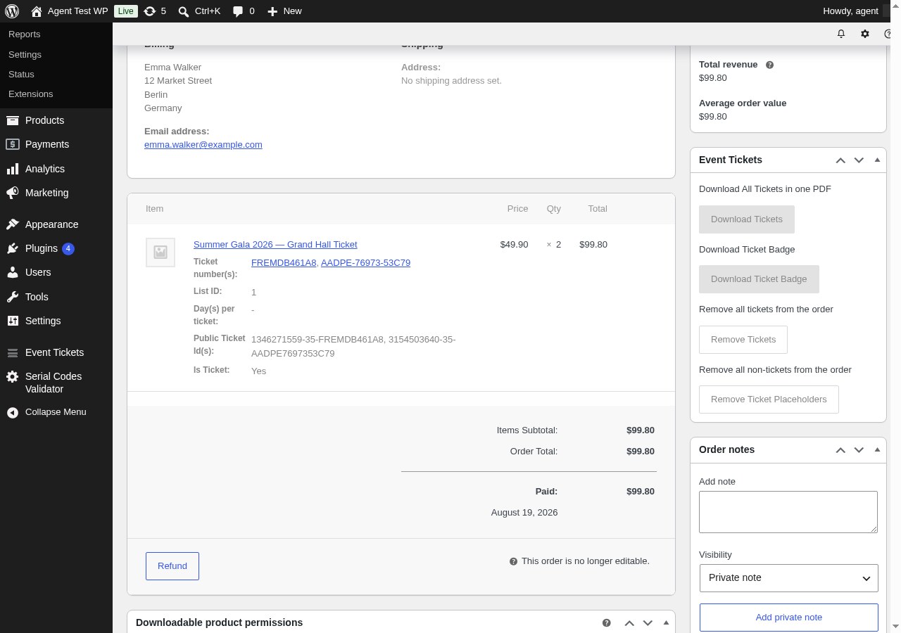 Tickets on the Order Page — See and quick-scan the tickets of every WooCommerce order directly in the order detail view.
