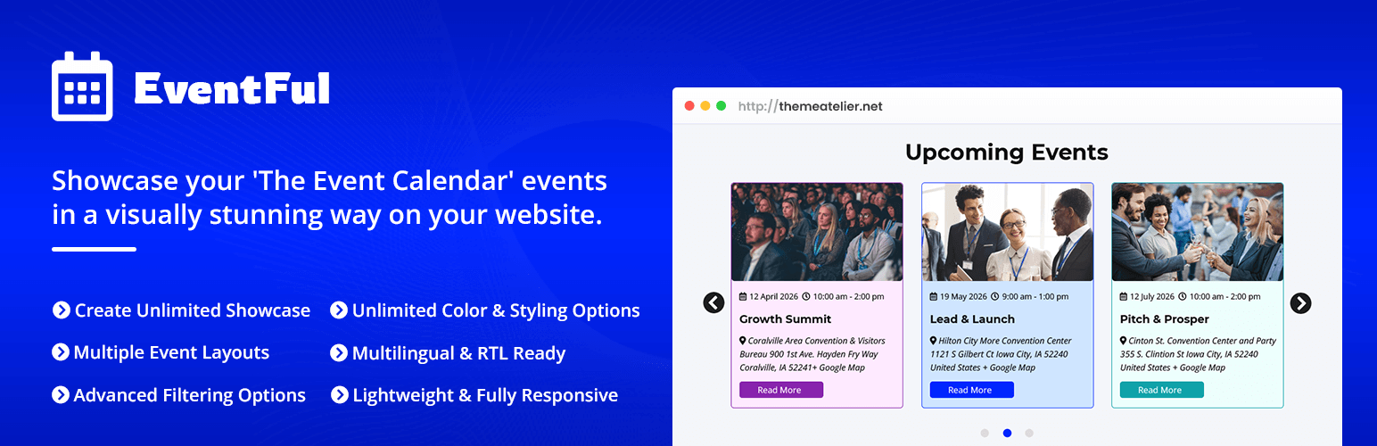WordPress 外掛 Eventful – Events Showcase For The Events Calendar 的封面圖片。