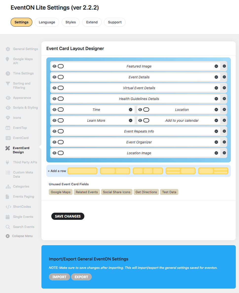 EventCard Designer settings page