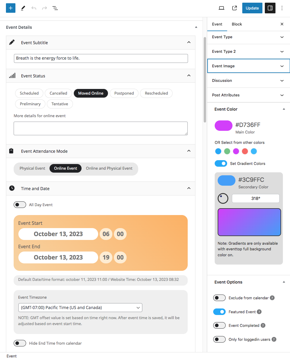 Event Edit page event time settings section