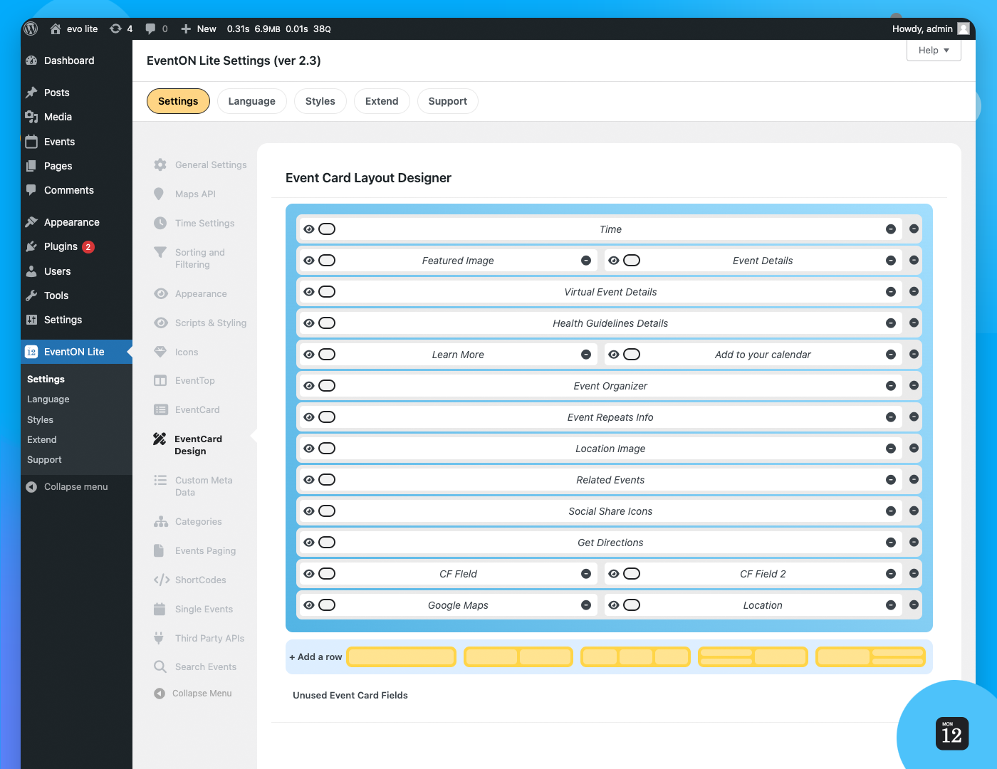 EventCard Designer Settings Page