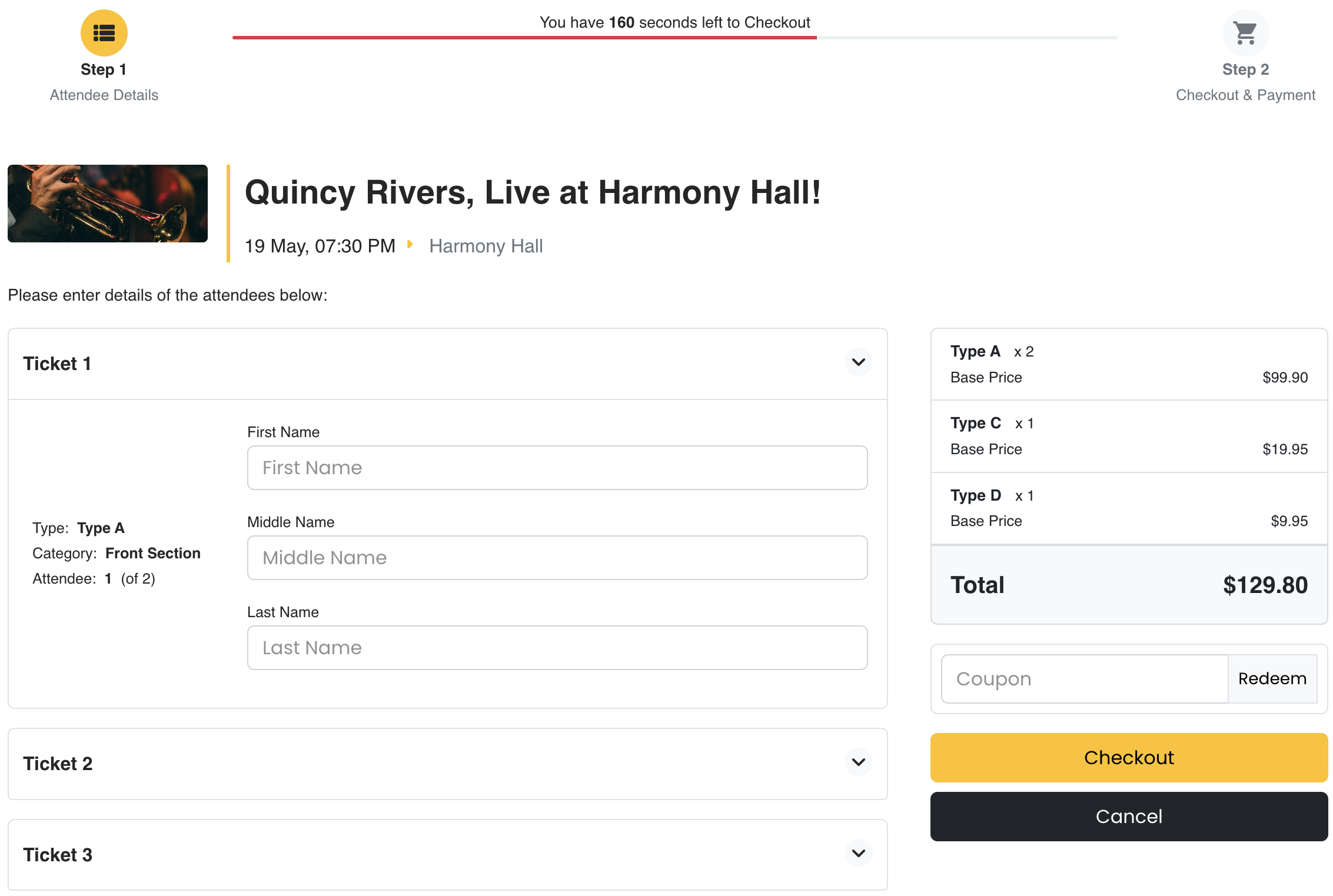 Checkout Step 1 (Attendee Fields) - Frontend