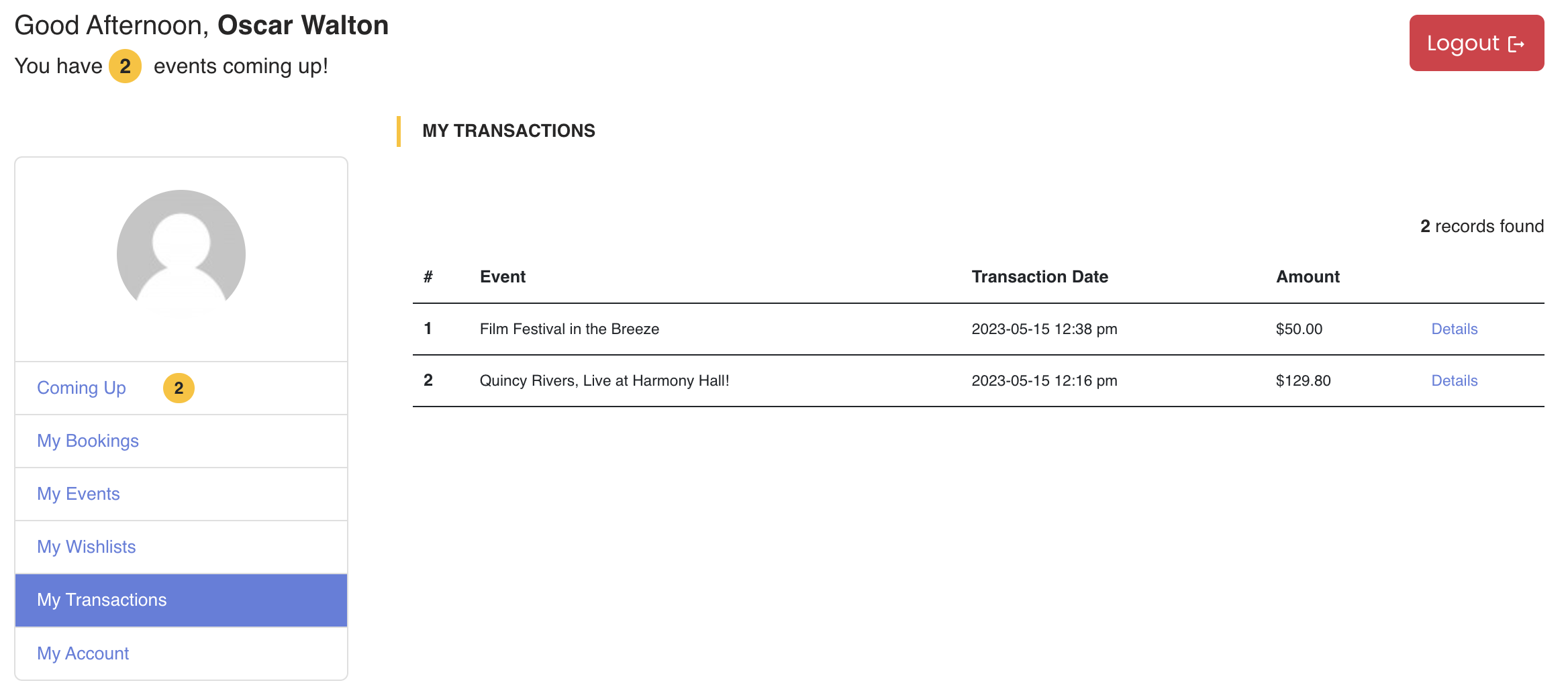 User Area (Transactions) - frontend