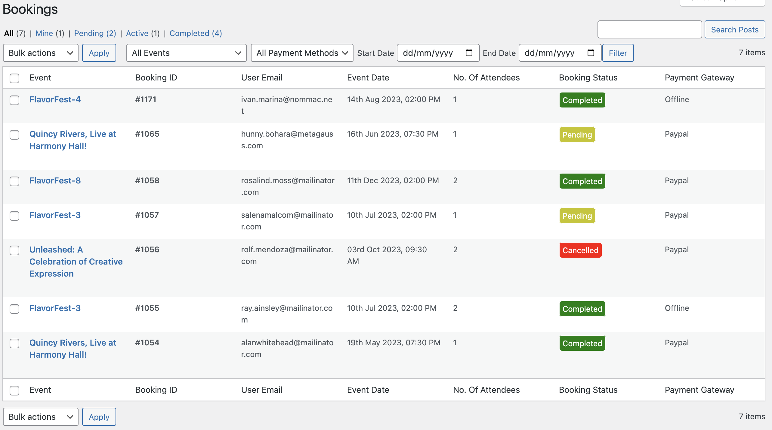 Bookings Table - Dashboard