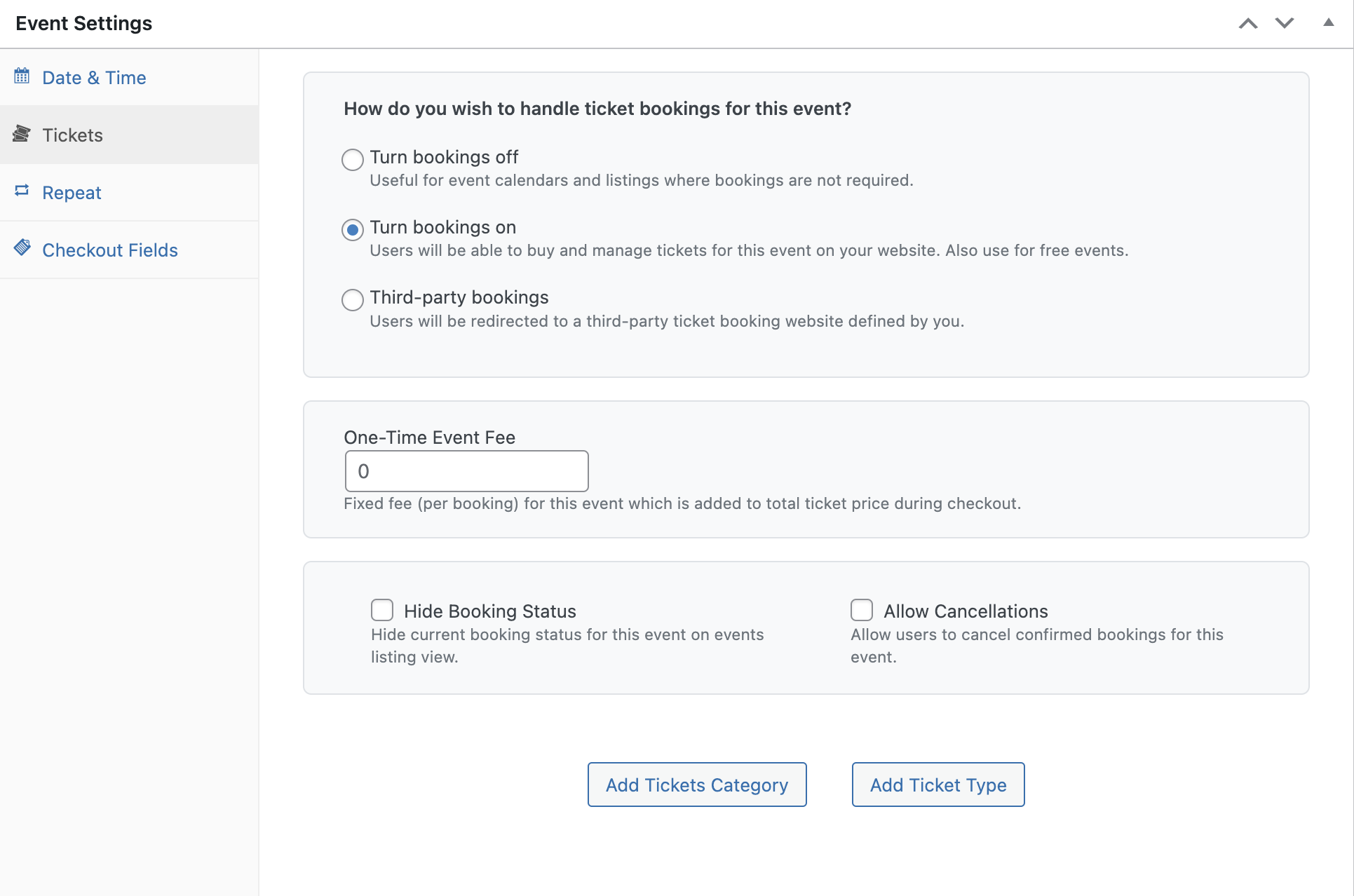 Configuring Tickets for an Event - Dashboard