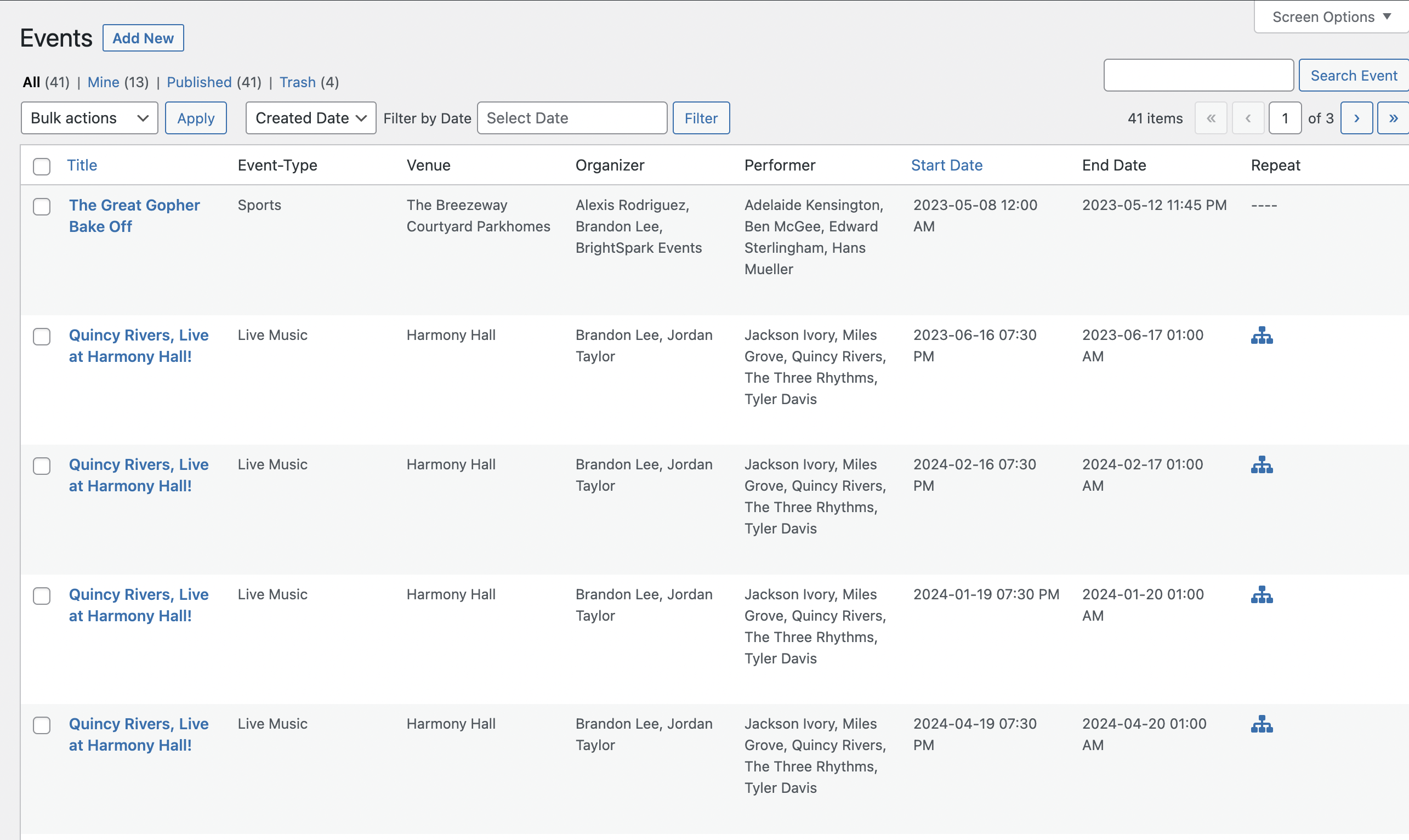 Events Table Showing Sample Events - Dashboard