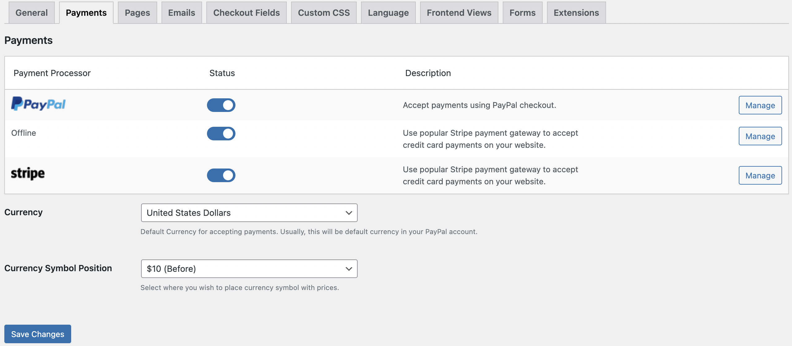 Payment Settings - Dashboard