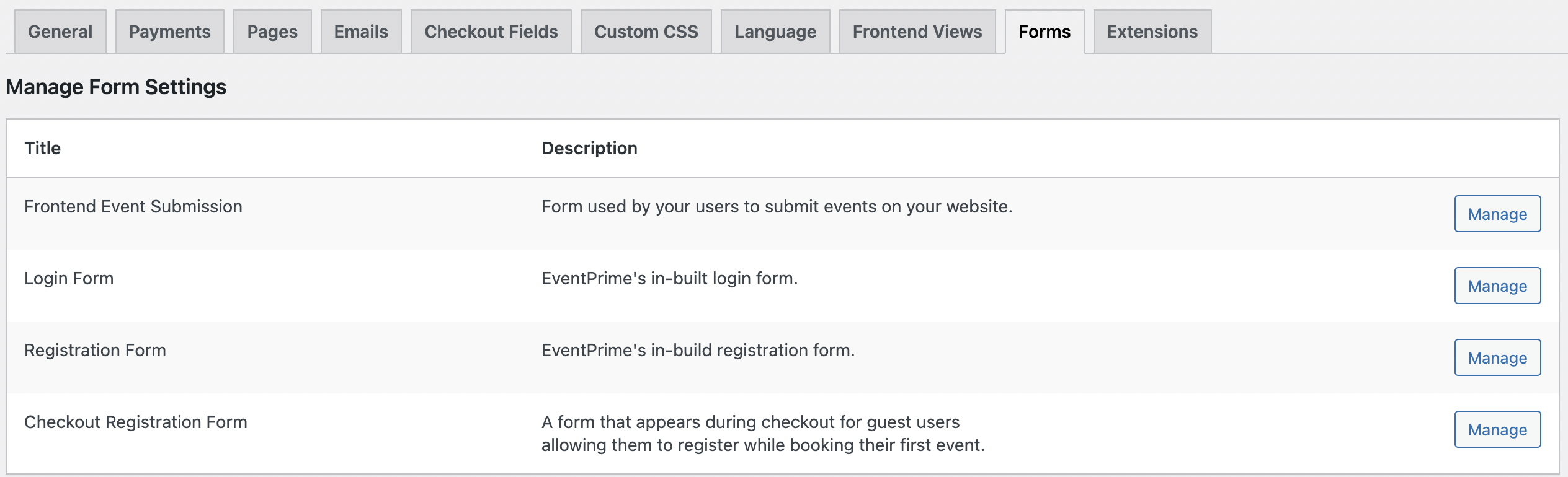 Forms Settings - Dashboard