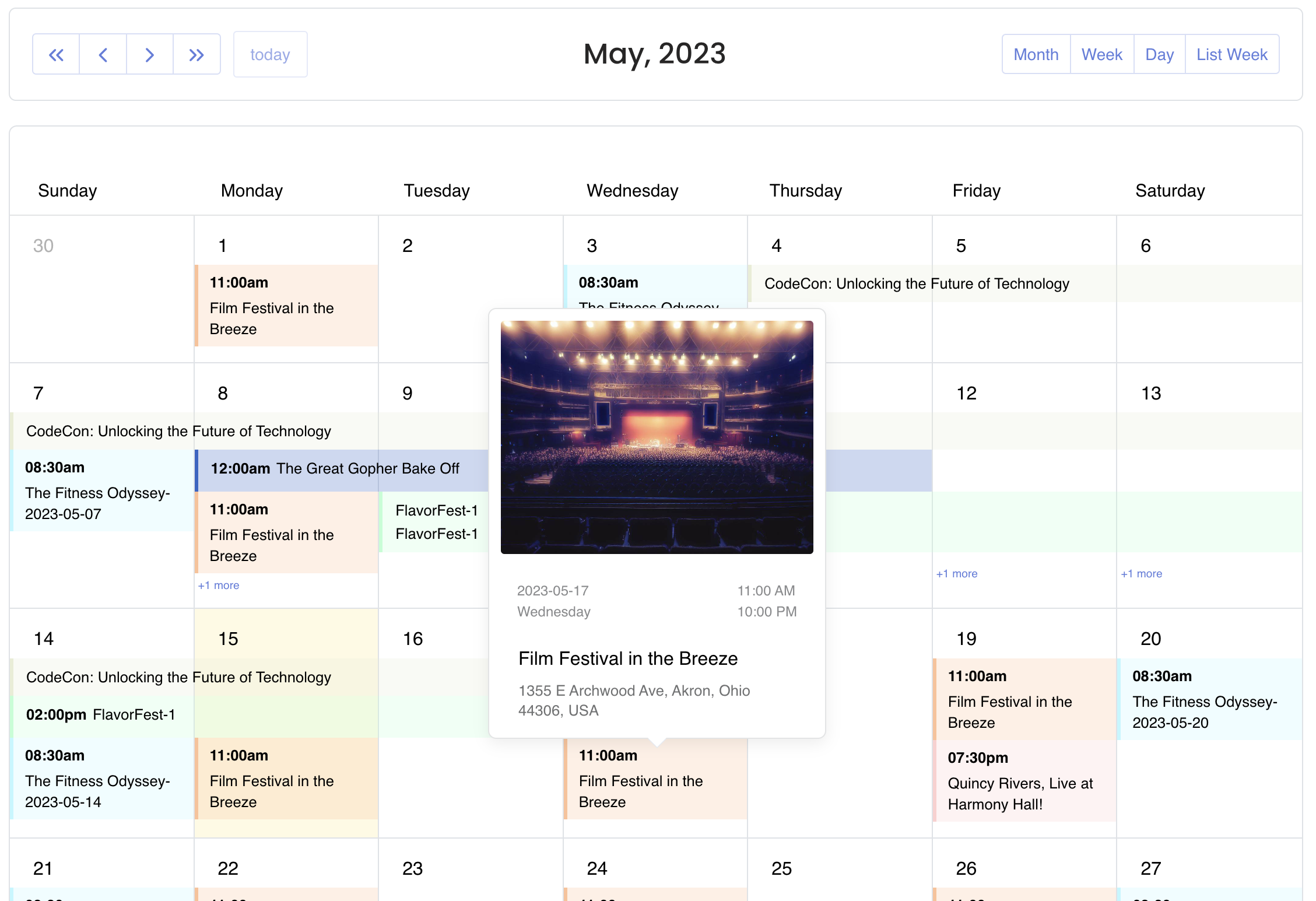 Events Calendar view with Popover - Frontend