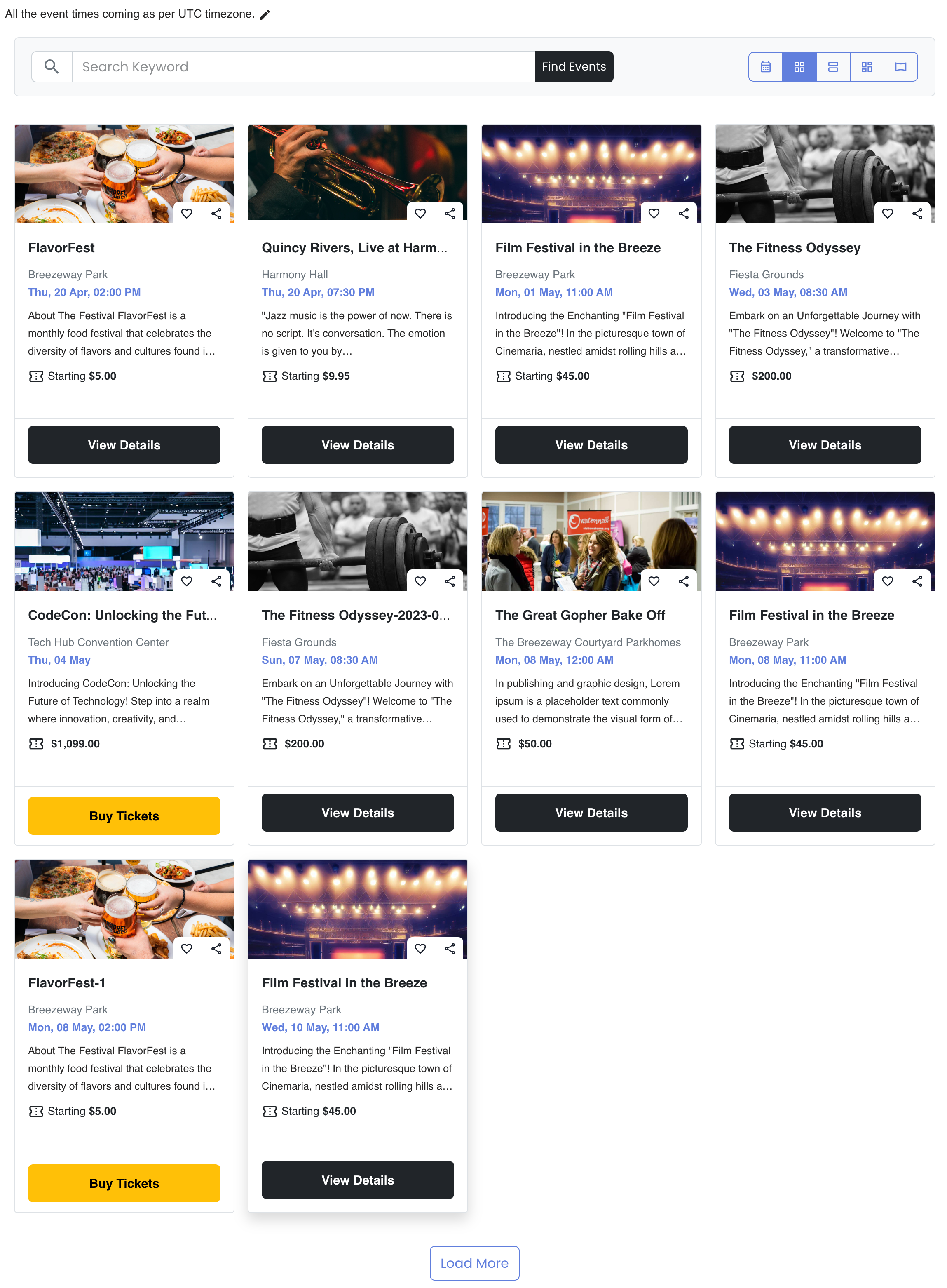 Events Listings (Grid View) - Frontend