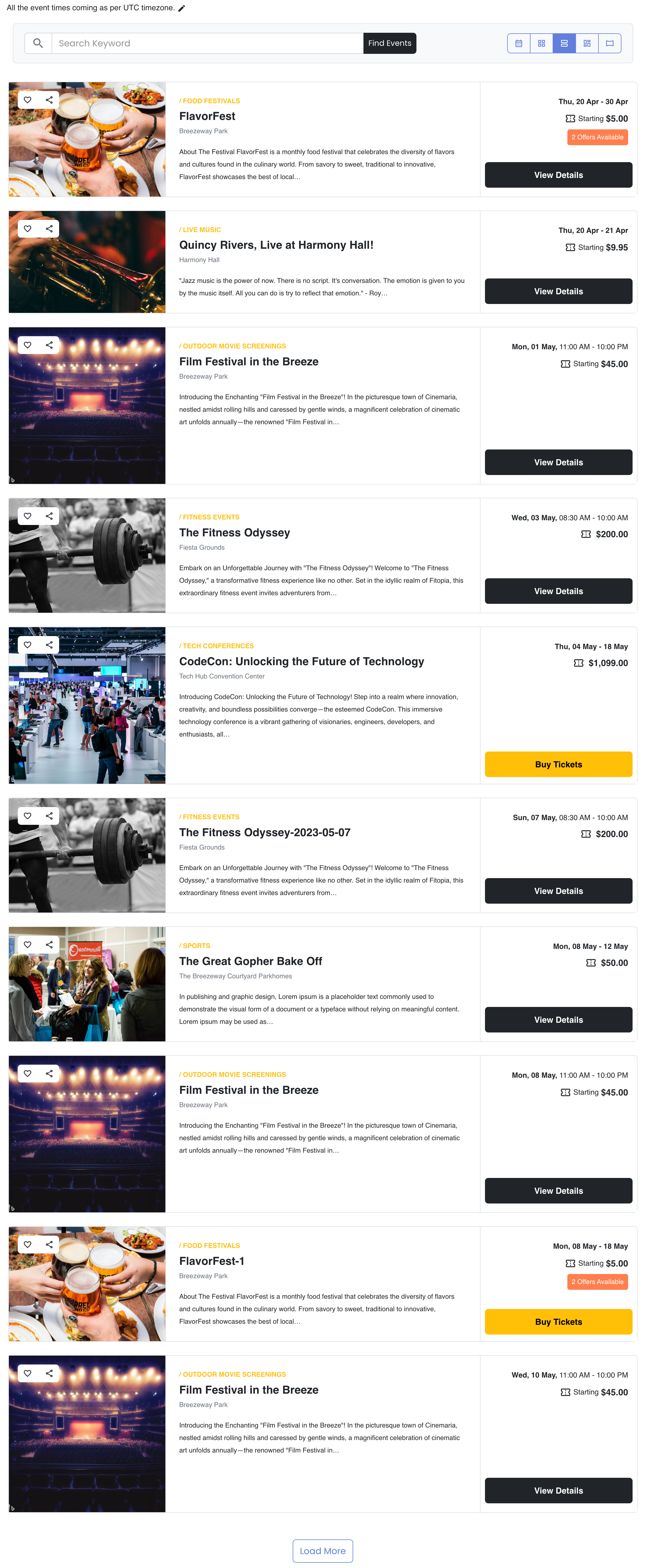 Events Listings (Stacked Rows) - Frontend