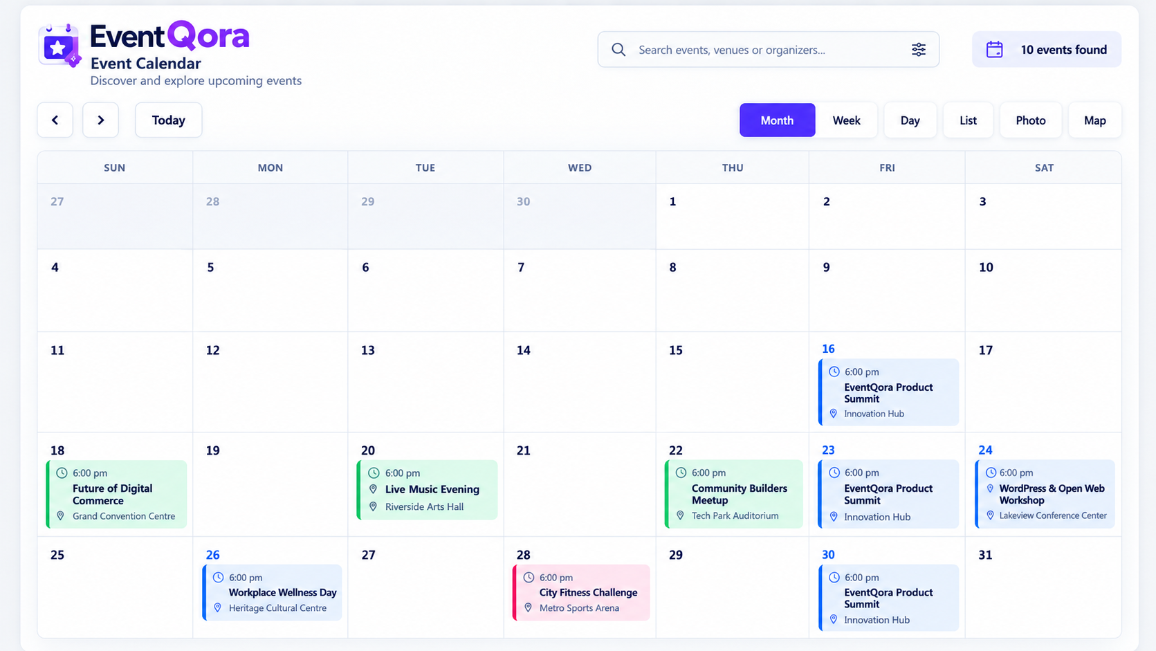Event calendar displaying events in a calendar grid with navigation and event browsing controls.