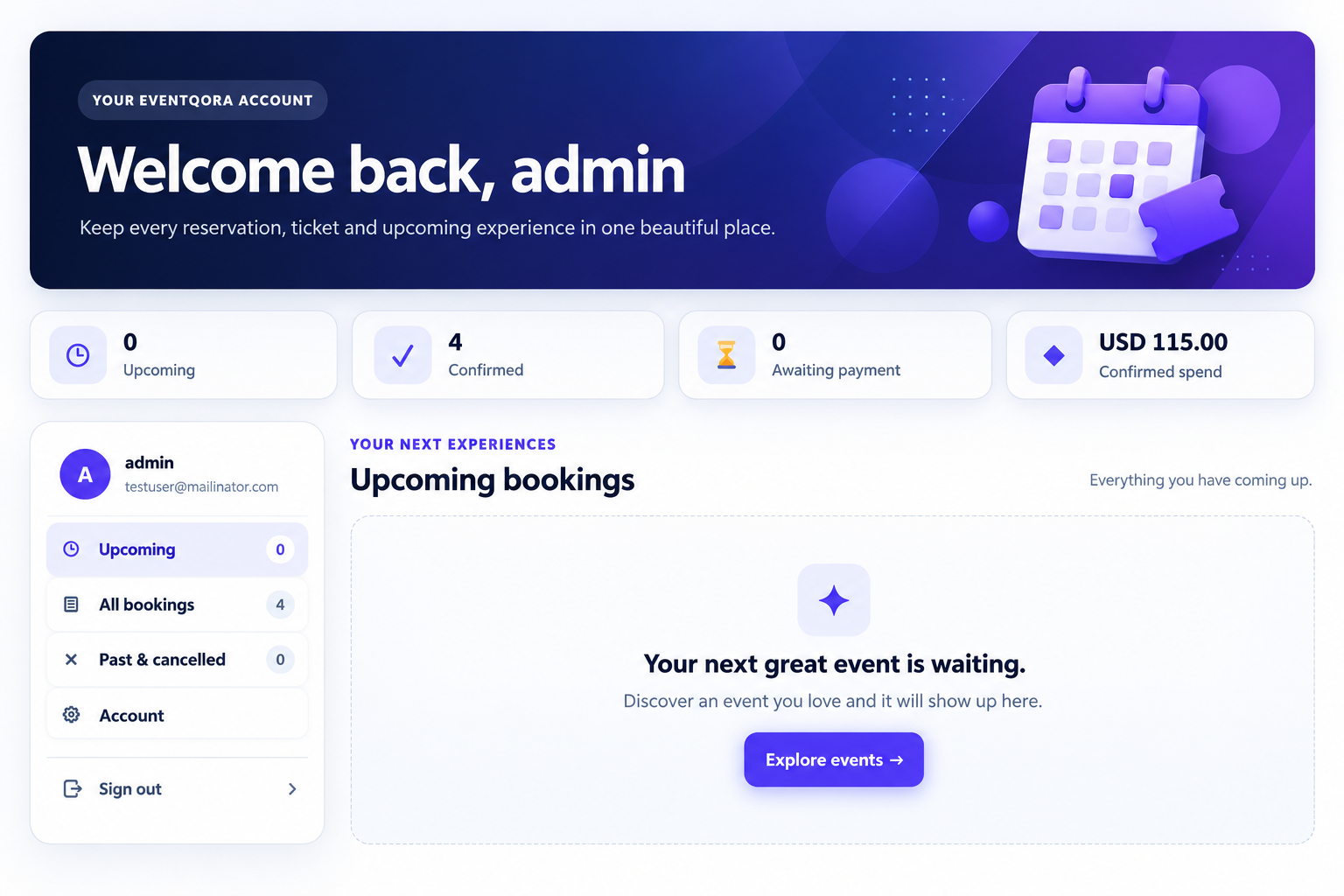 My Bookings dashboard showing booking summaries, account navigation, and upcoming bookings.