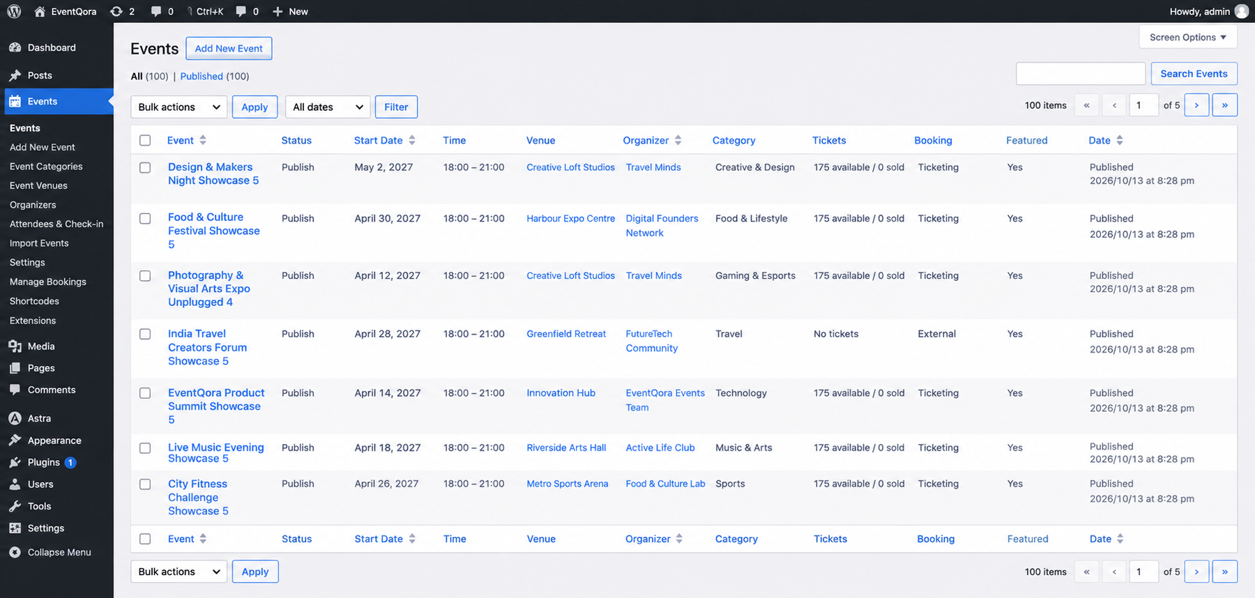 WordPress admin Events screen showing event listings, publication status, dates, venues, organizers, categories, and ticket information.