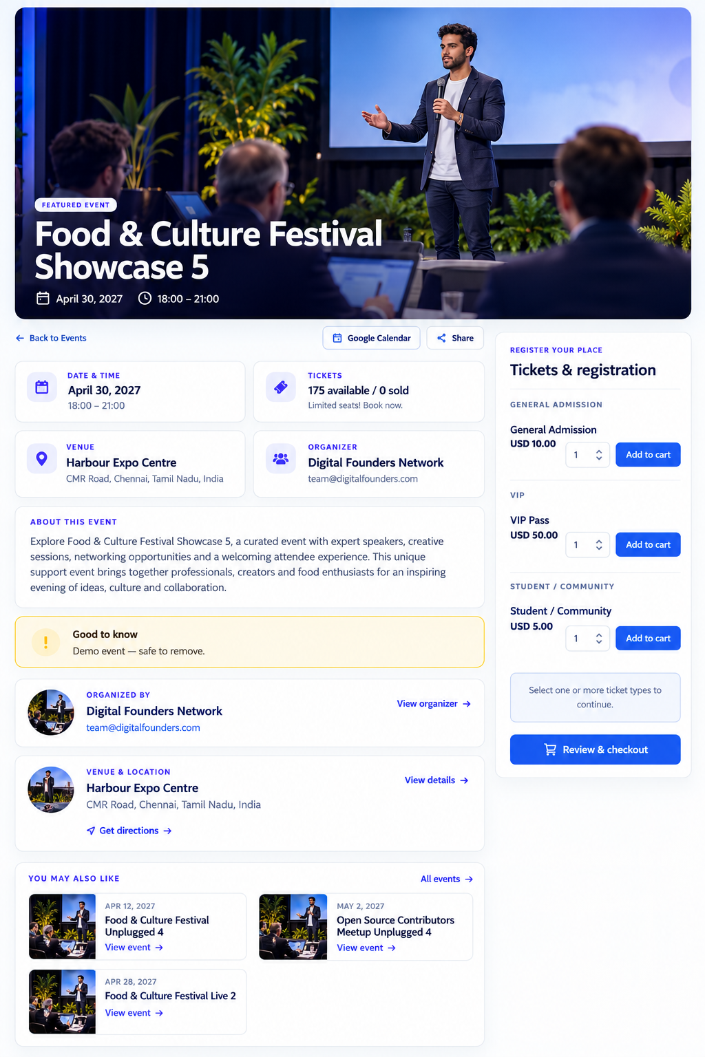 Event details page showing event information, organizer and venue details, related events, and ticket registration options.