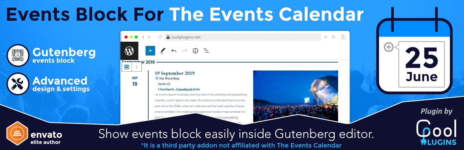 WordPress 外掛 Events Block For The Events Calendar 的封面圖片。