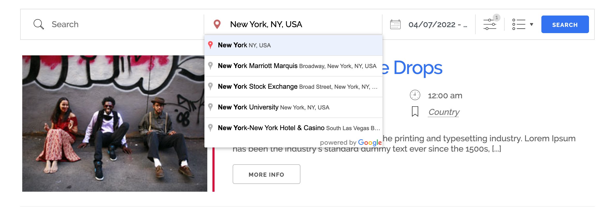 Search for events and locations within a search radius using Google geo searches.