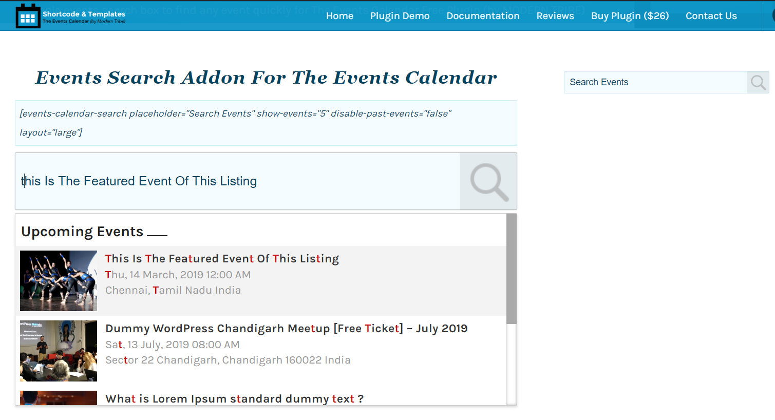 The Events Calendar Search Addon Shortcode and Sidebar Widget View.