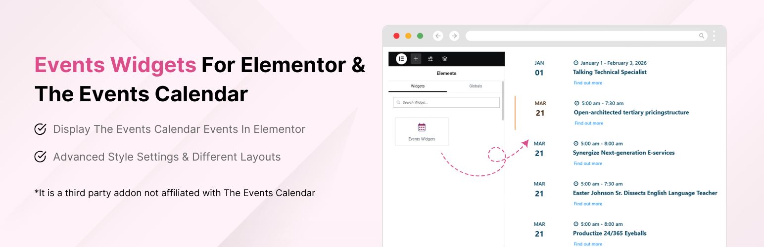 WordPress 外掛 Events Widgets For Elementor And The Events Calendar 的封面圖片。