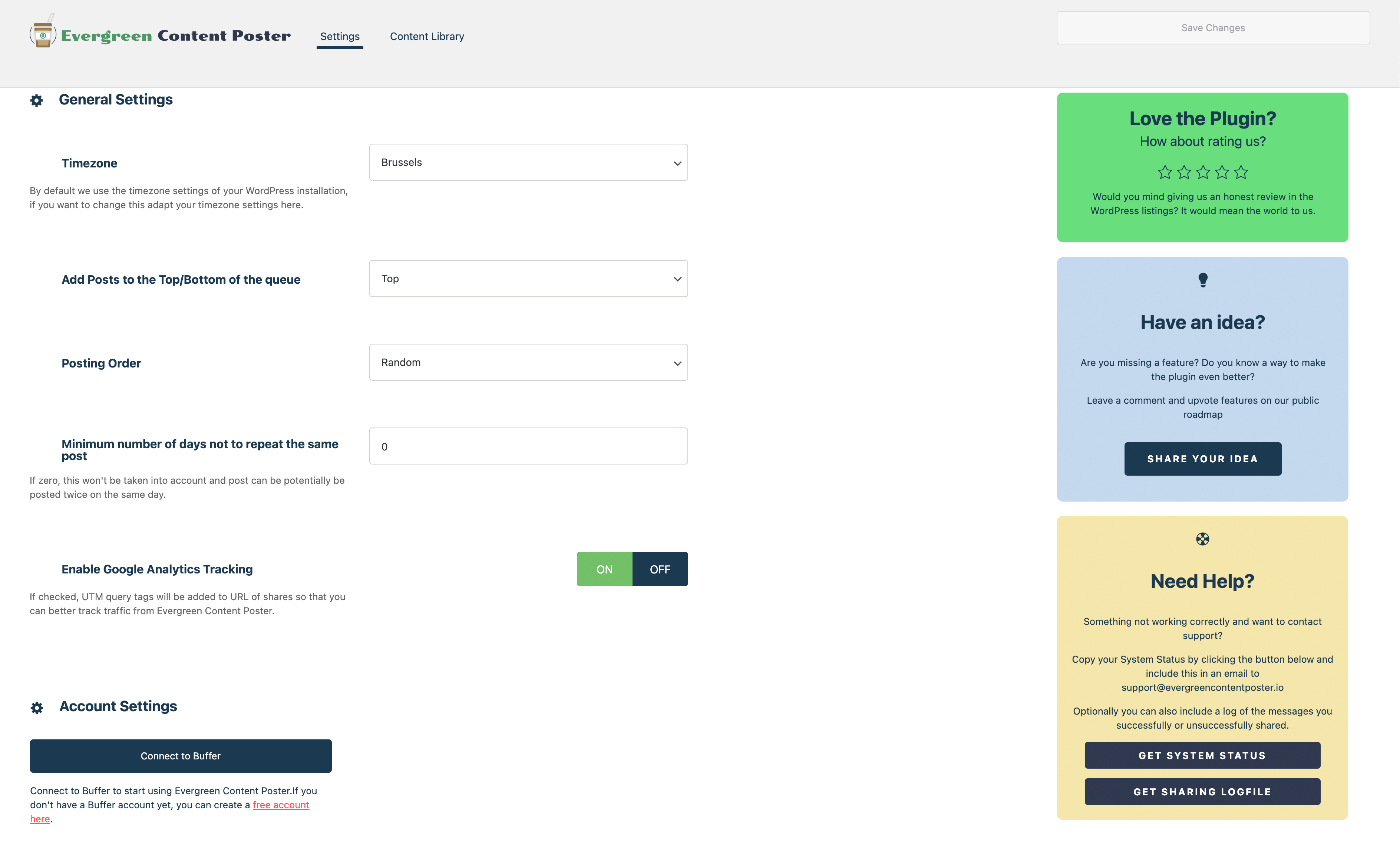 Evergreen Content Poster Settings screens (with no accounts connected)