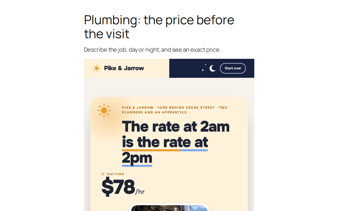 A plumber's page: describe the job and see the price before the visit.