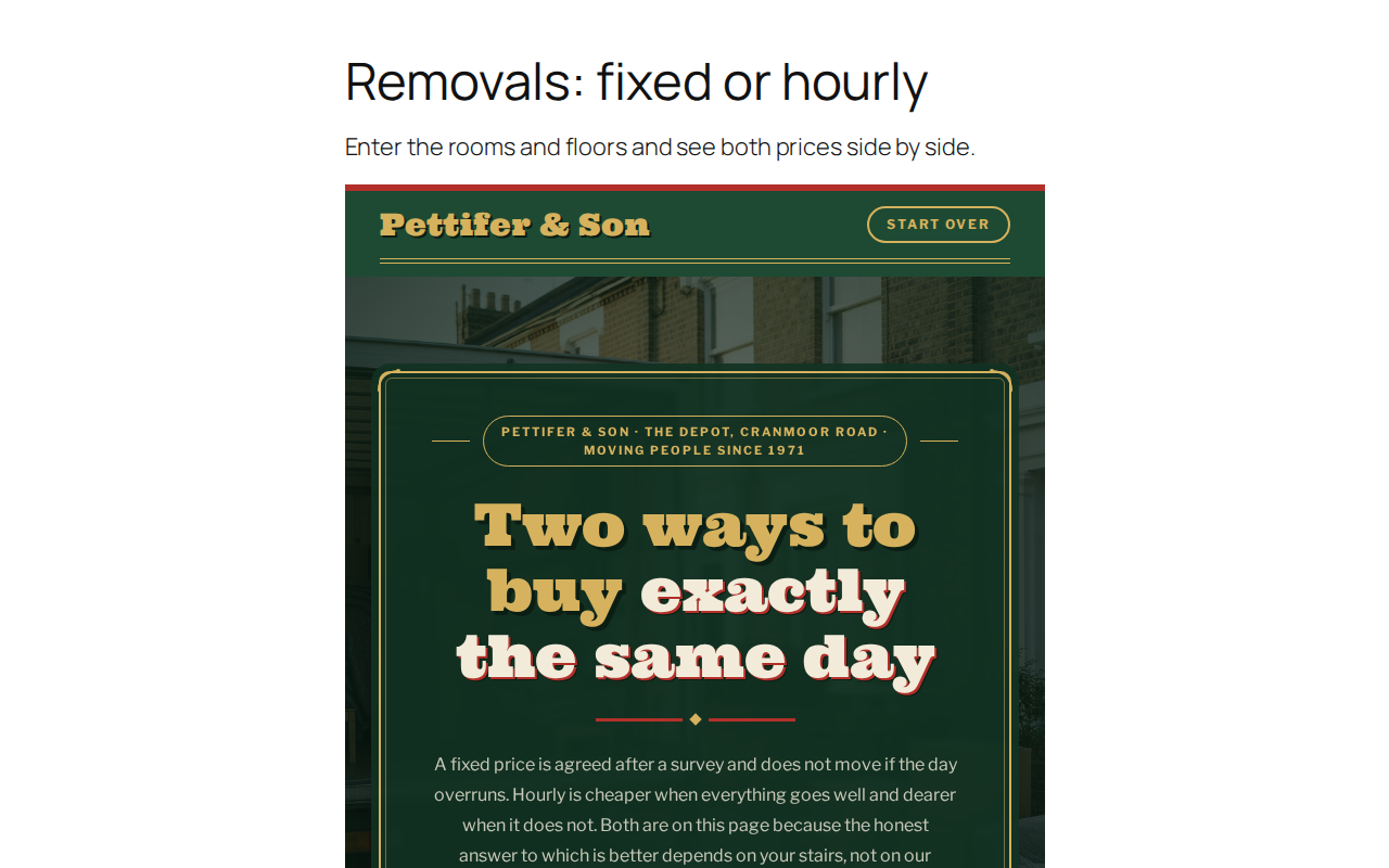 A removals page: fixed price or hourly, side by side.