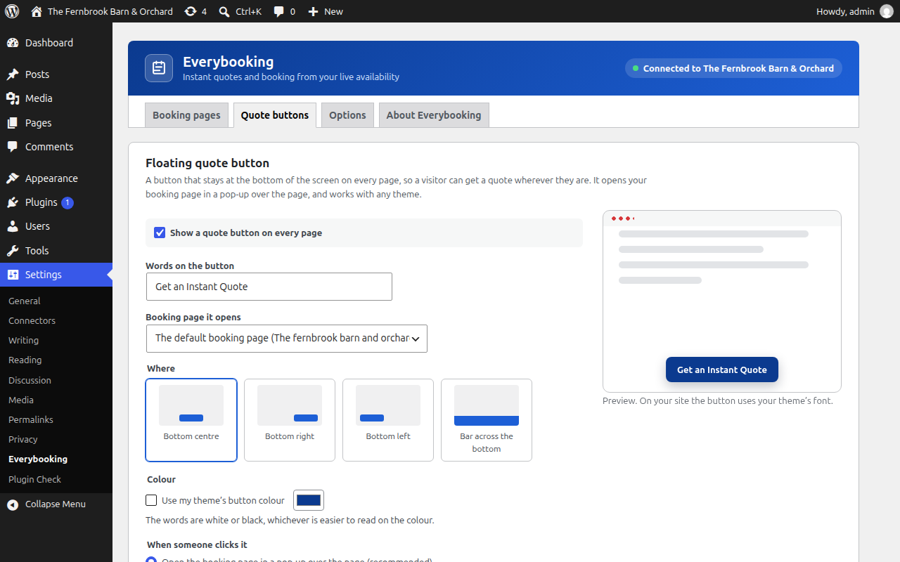 The Quote buttons tab: a floating button for every page, and links that turn your own buttons into quote buttons.